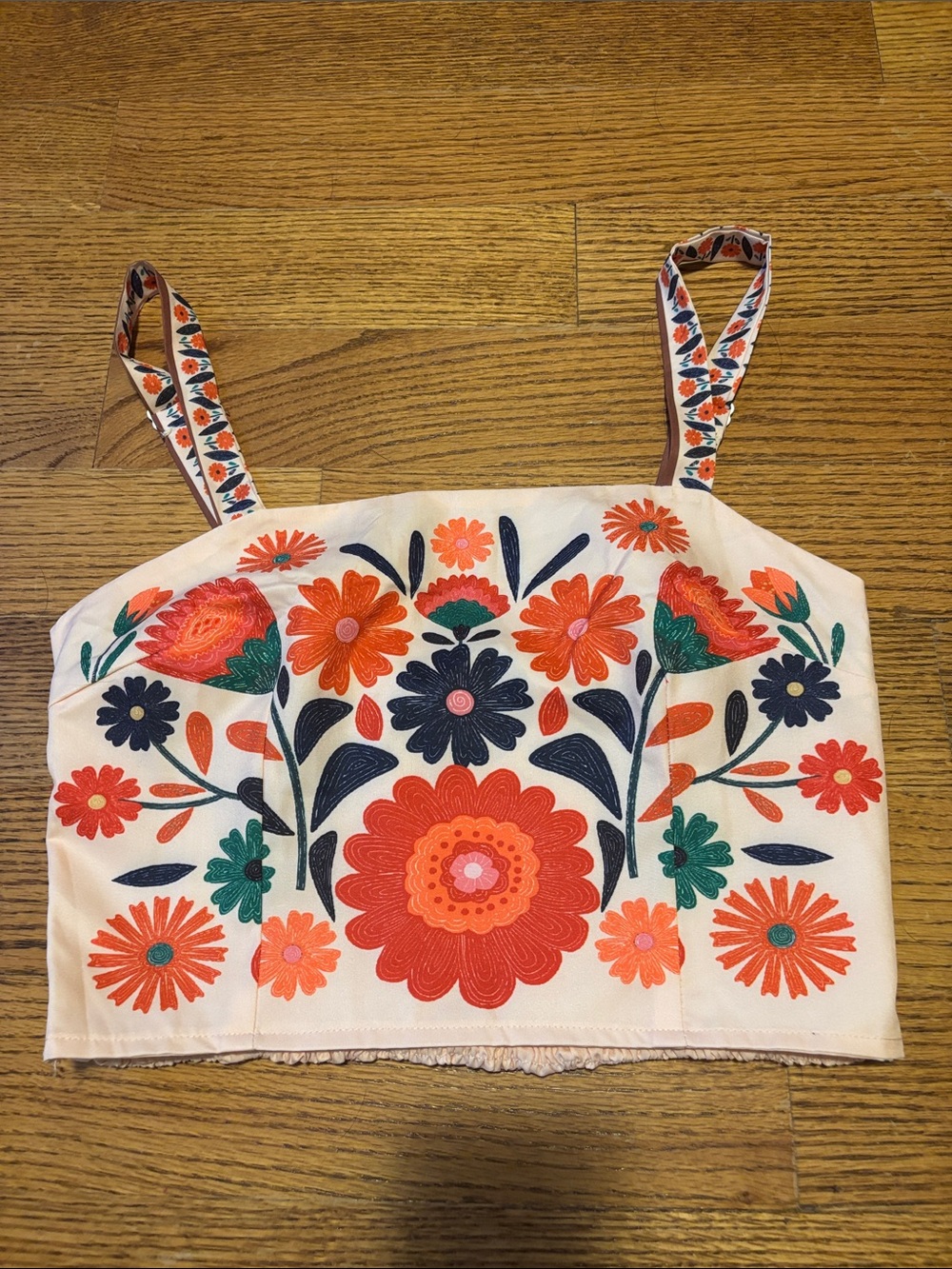 Floral Crop Tank Top - Cream with Orange & Navy